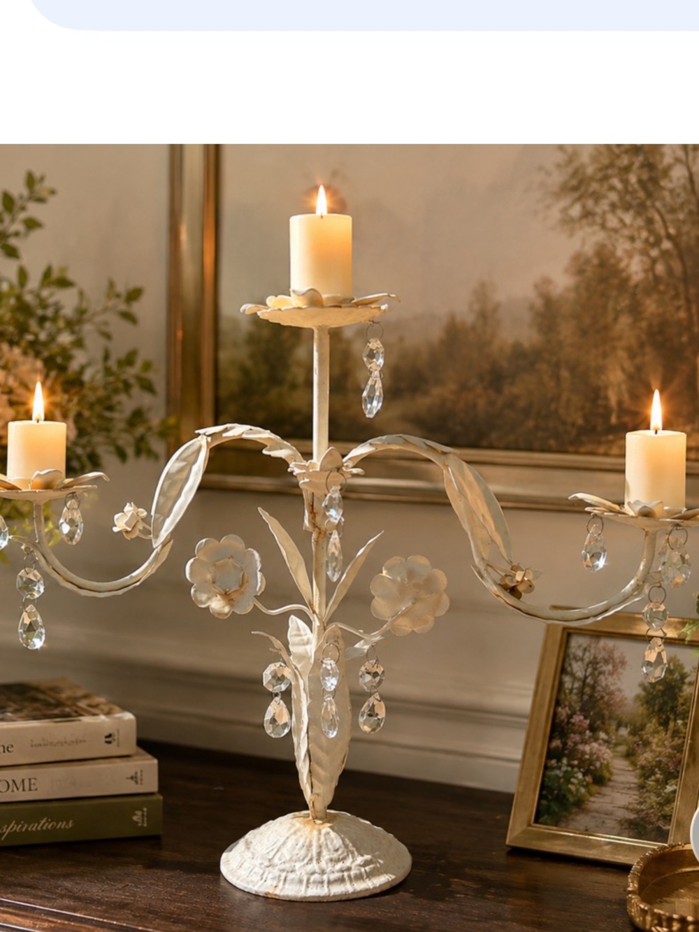 Vintage Candelabra Shabby Chic Cream Floral Metal Candle Holder Crystal Drop